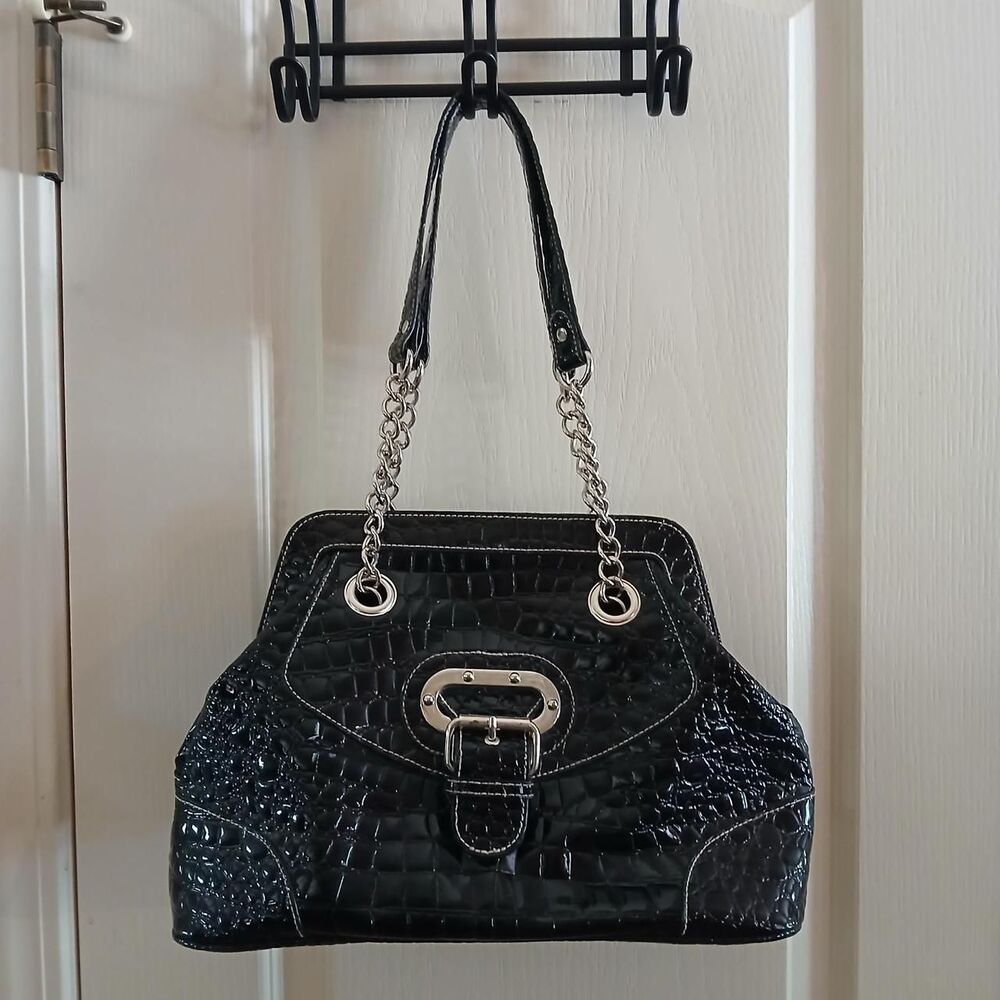 Y2K Vintage Mcbling Black Croc Embossed Big Buckle Chain Strap Shoulder Bag Alt